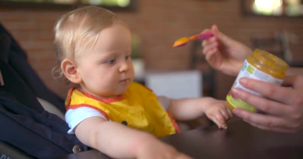 Kleines Mädchen Isst Babynahrung — Stockvideo