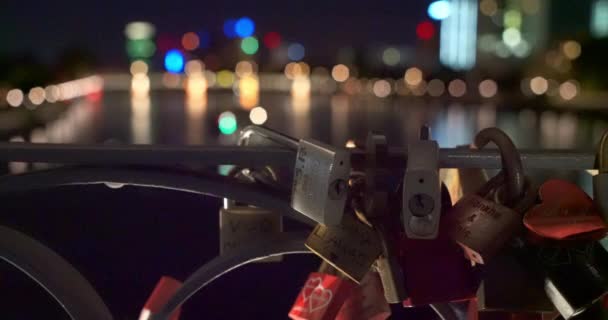 Padlocks Attached Bridge Overlooking Main River Frankfurt Germany — Stock Video