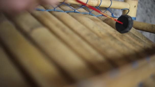 慢动作手持式拍摄到有人在玩印度尼西亚的Xylophone 这个乐器是竹子做的 — 图库视频影像