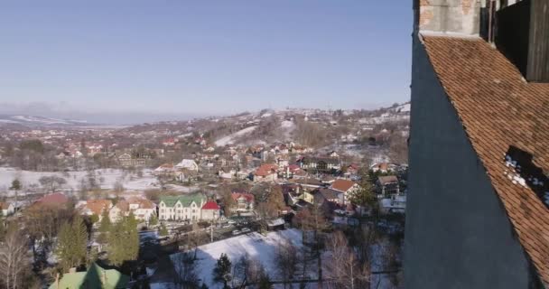Backwards Reveal Bran Castle Brasov Romania Sunny Winter Afternoon — Stock Video