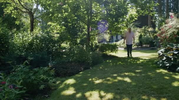 Homme Âgé Marche Dans Jardin Caméra Passé Éruption Soleil Arbres — Video