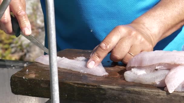Balık Filetosu Bıçakla Budanır Akarsu Altında Yıkanır Plastik Mutfak Kutusuna — Stok video