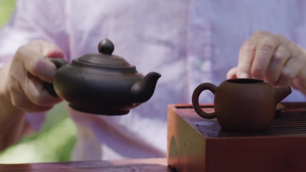 Ember Vizet Önt Teáskanna Meredek Tea Pihentető Lassított Felvétel — Stock videók
