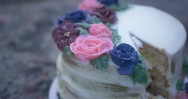 Kézi Makró Felvétel Virágos Esküvői Torta Részletek — Stock videók