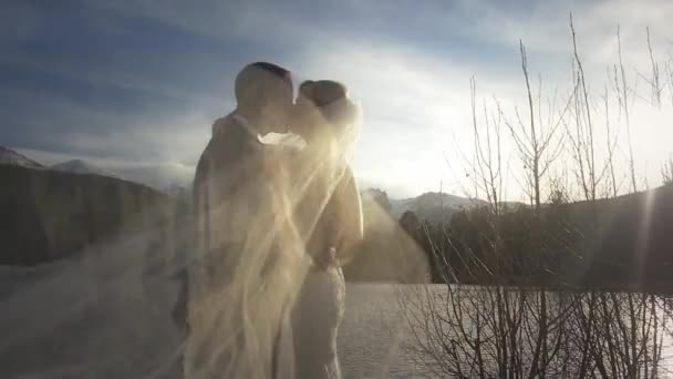 Bride Long Veil Kisses Groom Mountain Wedding — Stock Video