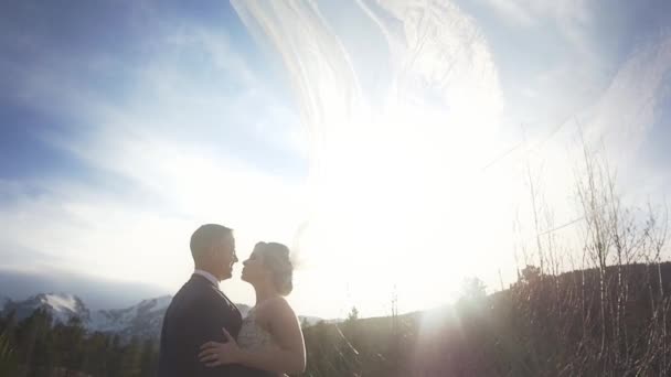一对新婚夫妇拥抱并亲吻在高山湖畔 她的面纱在风中掠过湖面 — 图库视频影像