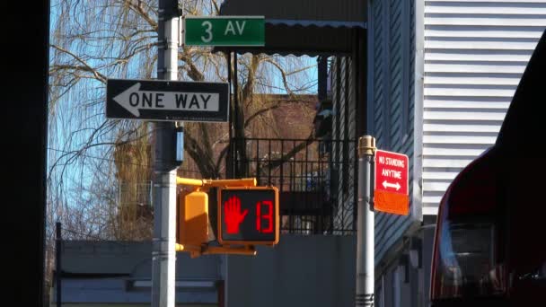 Contagem Regressiva Semáforos Para Pedestres Vermelho Branco One Way Sign — Vídeo de Stock