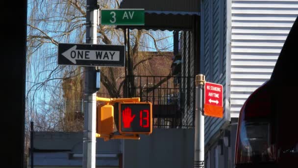 Odpočítávání Semaforů Červená Bílá Jednosměrná Značka 60P Daytime Brooklyn New — Stock video