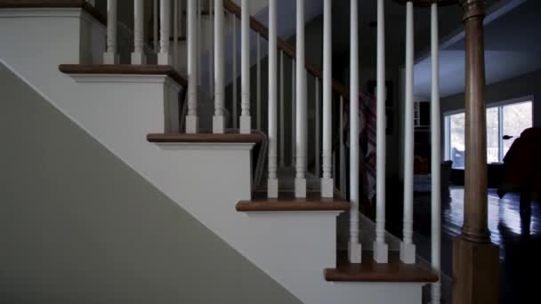 低い光でフレームを横断する階段のセット 色補正とグレーディング適用で表示される冬の色 — ストック動画