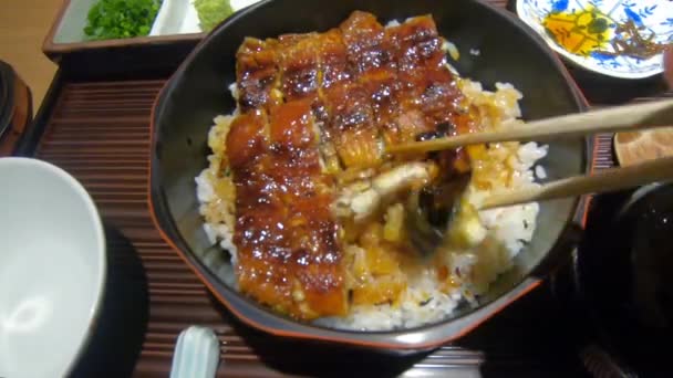 Overhead Timelapse Comiendo Tazón Hitsumabushi Plato Anguila Gourmet Nagoya Japón — Vídeos de Stock