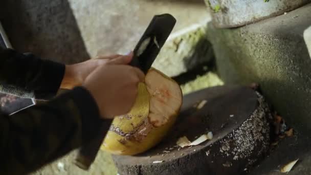 マチェーテで新鮮なココナッツを切る人のショットを閉じます — ストック動画