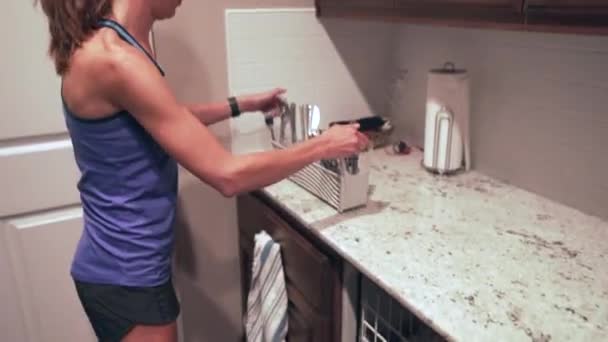 Kadın Bulaşık Makinesinden Çatal Bıçak Indiriyor Düzenliyor — Stok video