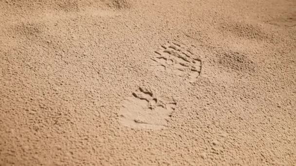 Kum Tepeciğindeki Bir Yürüyüşçünün Ayak Izinin Yakından Çekimi Kamera Hafifçe — Stok video