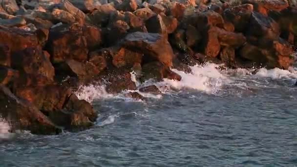 Felsen Der Küste Und Kleine Wellen Die Gegen Sie Krachen — Stockvideo