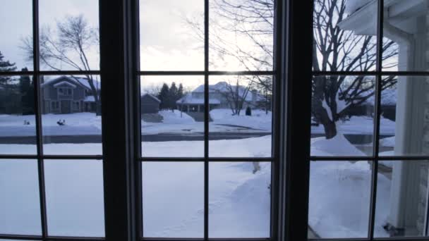 Utsikt Genom Delad Fönsterruta Snöig Gata Vintern Eden Prairie Minnesota — Stockvideo