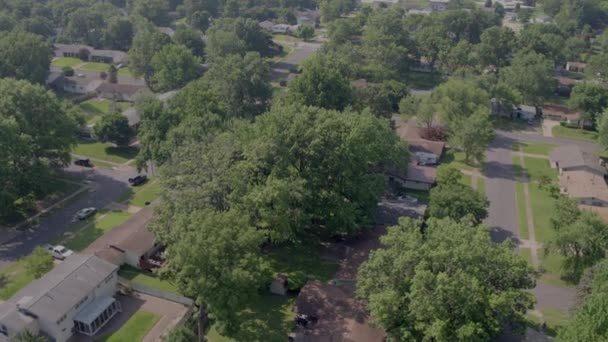 Luchtfoto Flyover Buitenwijken Zomer Als Een Auto Rijdt Door Straat — Stockvideo