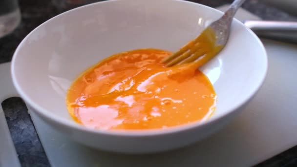 Stirring Egg Yolk Fork Slow Motion — Stock Video