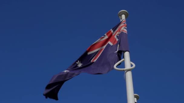 Slow Motion Australian Flag Blowing White Pole Windy Day — Stock Video