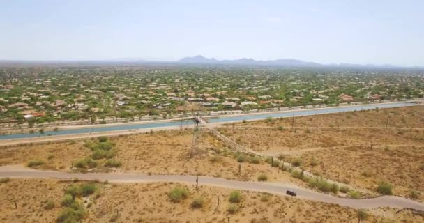 Aerial Slow Pull Back Hayden Rhodes Aqueduct Canal Cutting Sonoran — Stock Video