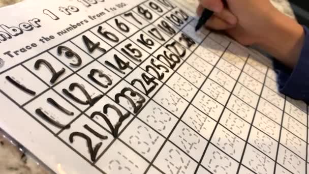 Mała Dłoń Ćwicząca Znakowanie Numerów Pomocą Suchego Markera Kasującego — Wideo stockowe