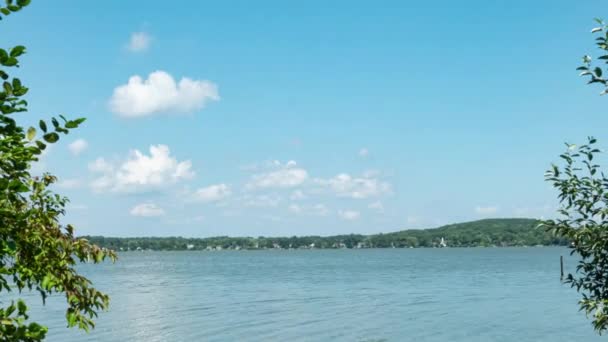 移動時間の経過 前景にユリのパッド 水の動き 青い空の上に白い雲のあるニュージャージー州のバッドレイクの昼間 — ストック動画