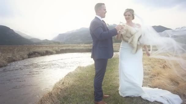 Bride Groom Cross Arms Drink Champagne Mountain Elopement — Stock Video