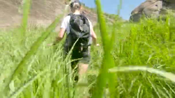 東アフリカでトレッキングしながら 厚さと長い草を押してブロンドの西の女性の低スローモーション追跡ショット — ストック動画