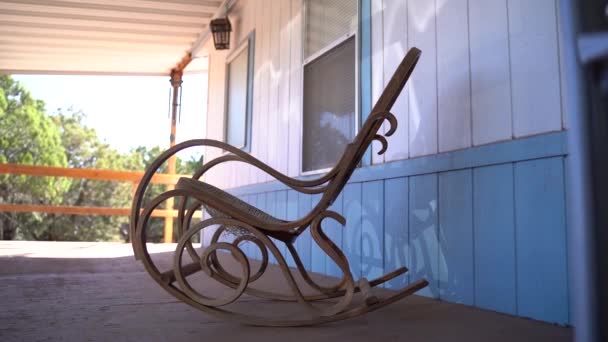 Grandma Old Wooden Rocking Chair Porch Secluded Forest Cabin Slow — Stock Video