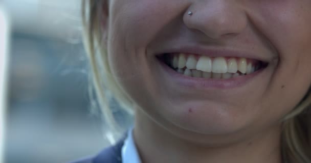Laughing Young Business Woman Close Lips — Stock Video