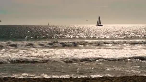 Vue Sur Mer Avec Voilier Déplaçant Coucher Soleil — Video