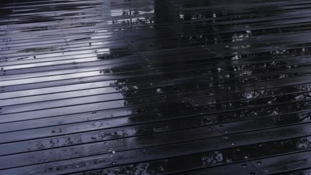 ぬれた木の質感で曇り空の灰色の日にストリームビスカンによってバーで木製の橋のハンドヘルドショット — ストック動画