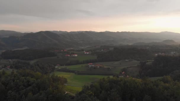 Profesjonalnie Wyglądający Widok Powietrza Austriackich Alp Zachód Słońca Ukazujący Zielony — Wideo stockowe