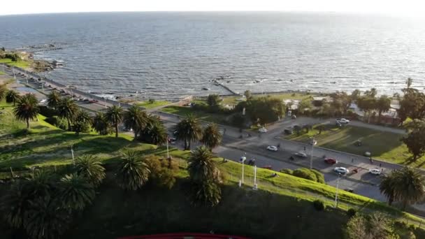 通過車や波と海と公園内の海岸の空中ビュー — ストック動画