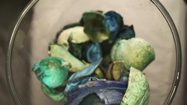 慢慢地挤进一个装有蓝绿色陶器的花瓶里 使用广角镜 获得独特的视角 — 图库视频影像