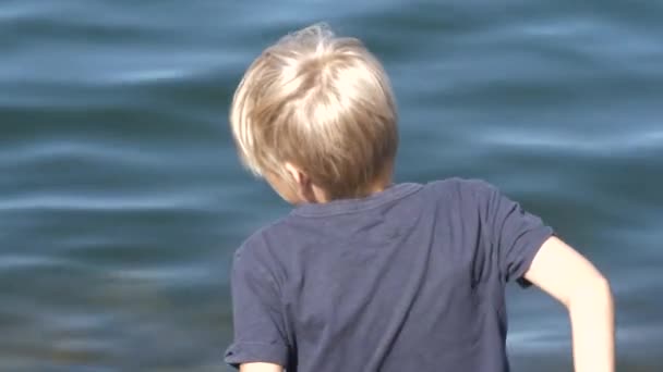 Handheld Close Shot Isolated Adventurous Boy Sea Exploring Algae Seaweed — Stock Video