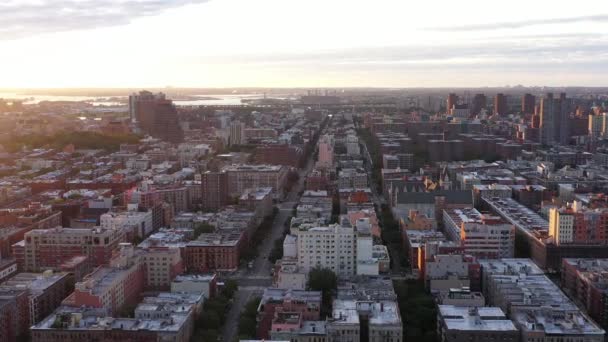 Aerial Footage Settles Harlem Neighborhood Nyc Gorgeous Golden Hour Sunrise — Stock Video