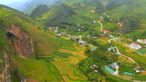 Lento Pan Direita Revelando Lindo Campo Exuberante Dong Van Karst — Vídeo de Stock