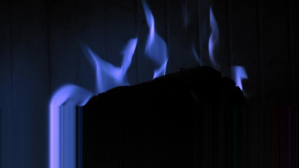 Burning Blue Flame Fireplace Wooden Logs Medium Shot Yule Log — Stock Video