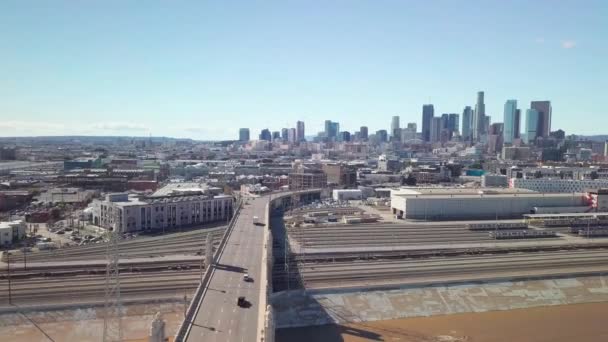 Wide Aerial Panorama Downtown Los Angeles River Warehouse District — Stock Video