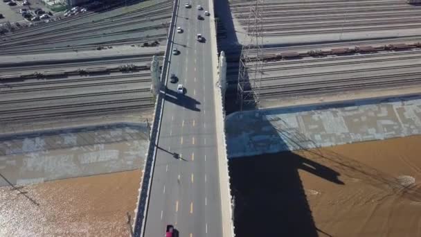 Aerial Tilt Bridge River Reveal Downtown Los Angeles Skyline — Stock Video