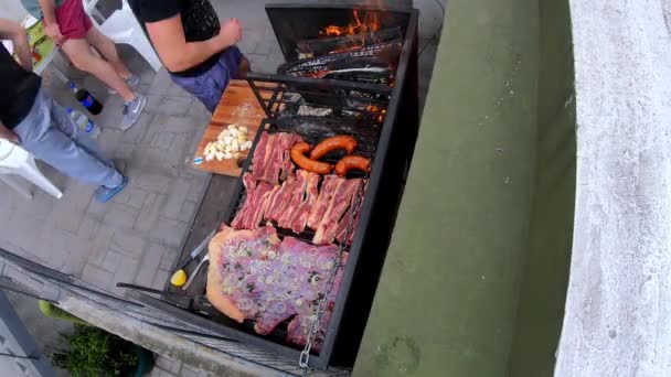 Time Lapse White Man Taking Care Making Roast Barbecue Sunny — Stock Video