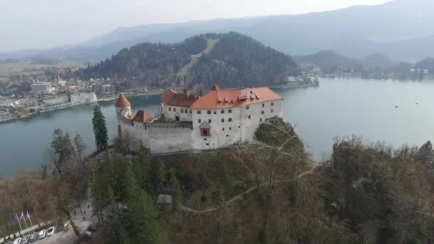 Точковий Вигляд Аерофотокадрів Замок Блед Озером Бледі Задньому Плані Словенія — стокове відео