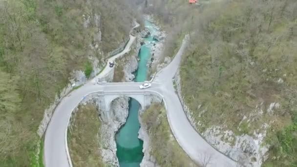 Повітряний Вид Міст Річці Сока Словенія — стокове відео