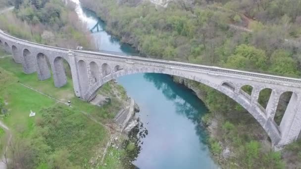Widok Powietrza Most Solkan Nad Rzeką Isonzo Soca Słowenia — Wideo stockowe