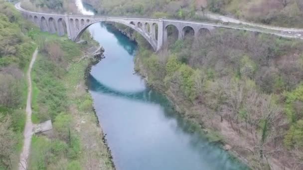 Vista Aérea Ponte Solkan Acima Rio Isonzo Soca Eslovénia — Vídeo de Stock