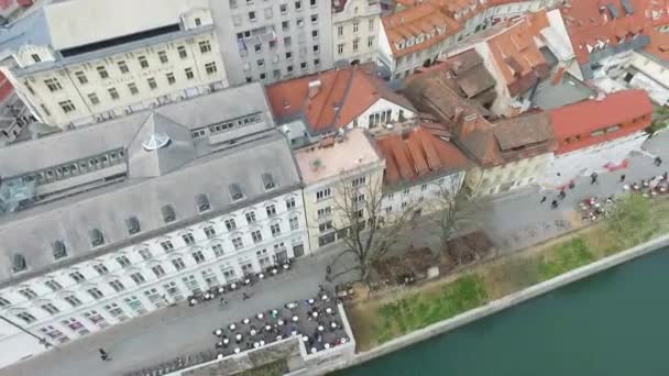 Vista Aérea Tromostovje Puente Triple Liubliana Sobre Río Liublianica Centro — Vídeos de Stock