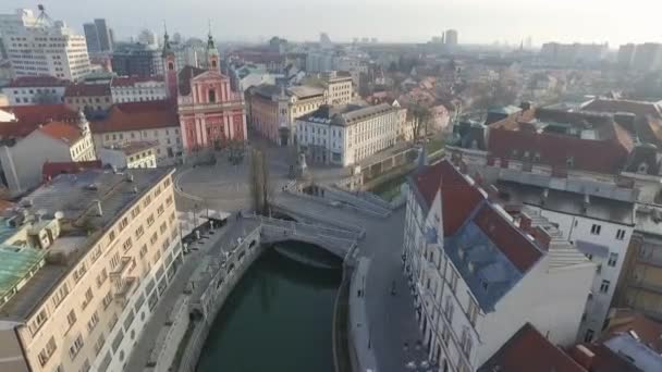 Letecký Pohled Tromostovje Trojitý Most Lublaň Řece Lublaň Centrum Města — Stock video