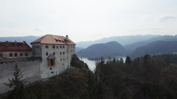 공중에서 촬영된 영상은 Bled Castle Lake Bled 배경에 있습니다 슬로베니아 — 비디오