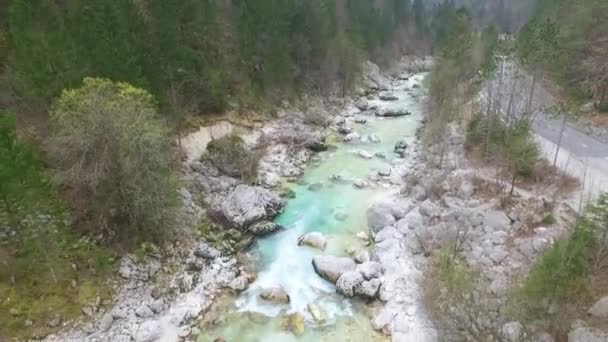 Літаючи Низько Над Бірюзовою Колірною Річкою Словенія — стокове відео
