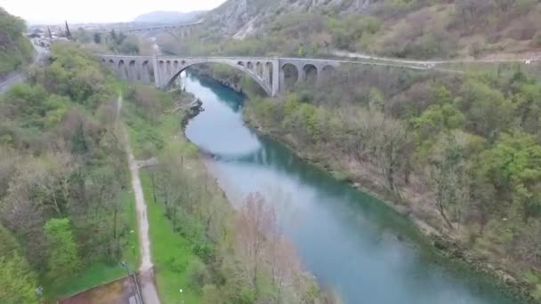 Vista Aérea Ponte Solkan Acima Rio Isonzo Soca Eslovénia — Vídeo de Stock